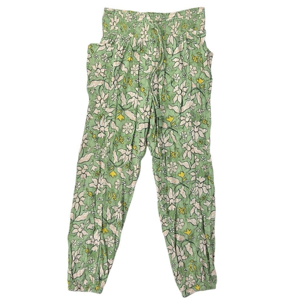 Aerie Green Floral Viscose Lightweight Joggers Pants Drawstring Waist Size Small